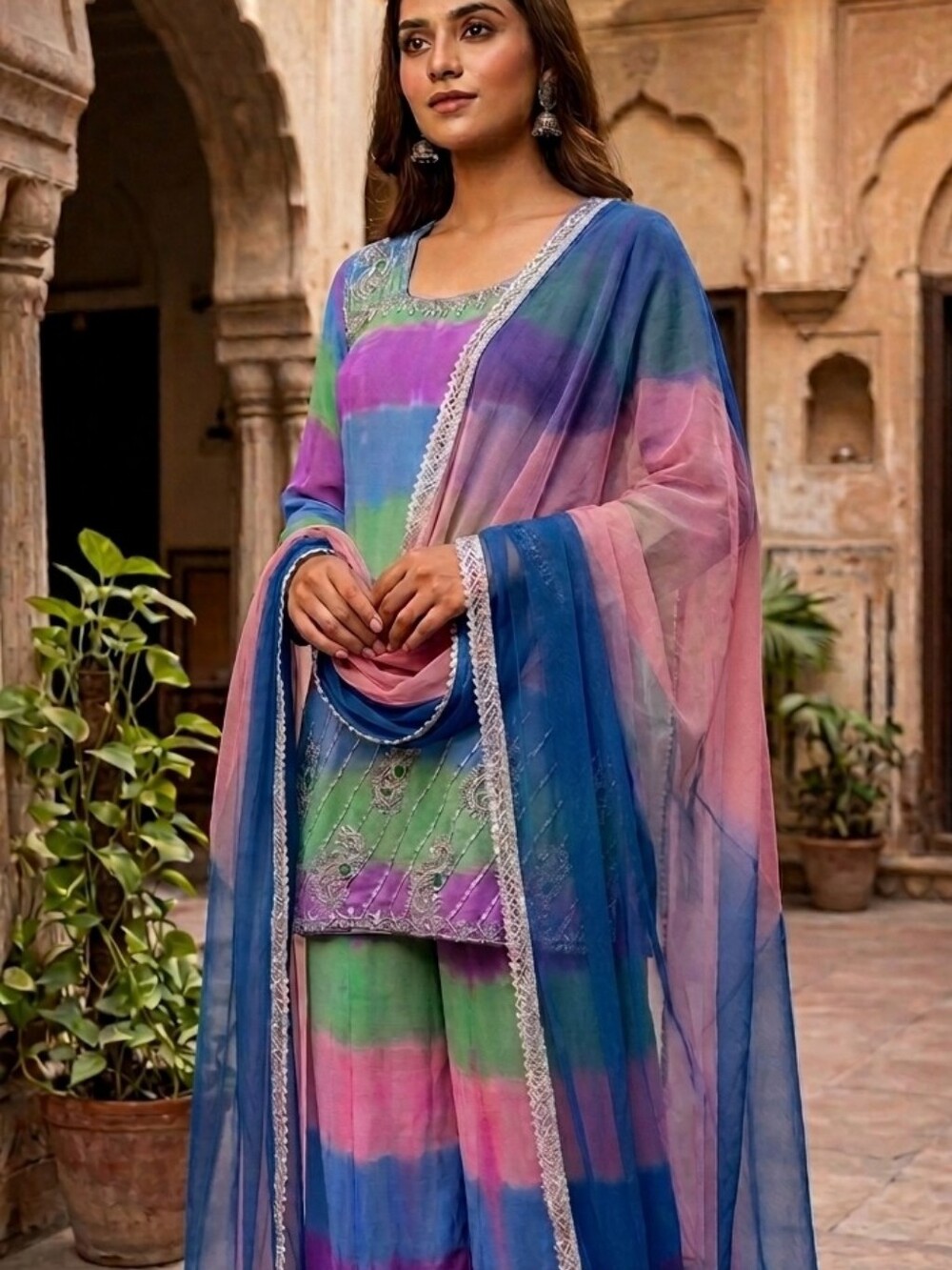 Striped Multicolor Tye Dye  Women's Trouser Set with Embellished Neckline